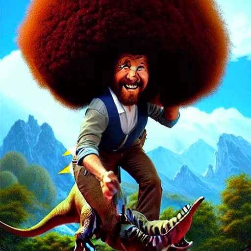 Image similar to bob ross!!! riding!!! a dinosaur!!, giant afro!, model pose, ultra realistic, concept art, intricate details, highly detailed, photorealistic, octane render, 8 k, unreal engine. art by artgerm and greg rutkowski and alphonse mucha