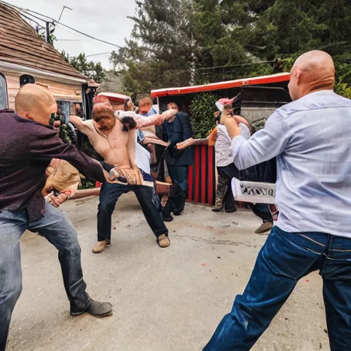 Image similar to people fighting at real estate auction, cinematic mid shots, high saturation color