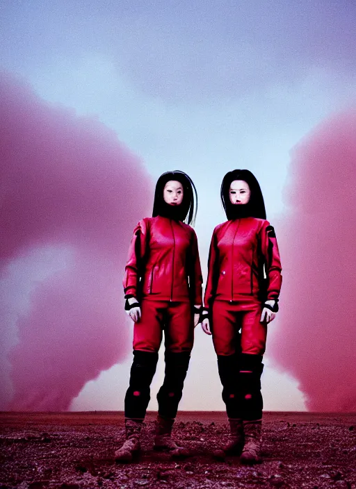 Prompt: photographic portrait shot on cinestill 5 0 d of two loving clones, techwear women on a desolate plain with a red sky, a brutalist dark metal facility in the background, dust storm, 3 5 mm, 8 k, depth of field, high resolution, ultra realistic faces