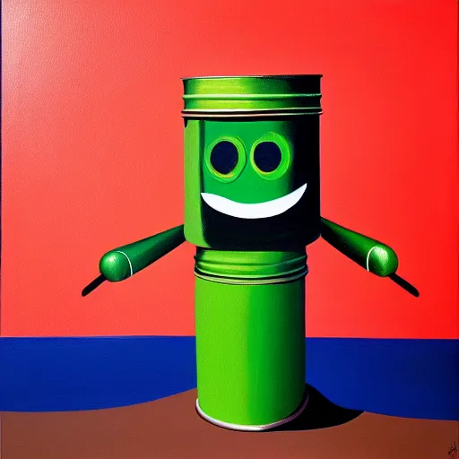 Prompt: a tin can character with a face and arms, opening its mouth, surrealist oil painting