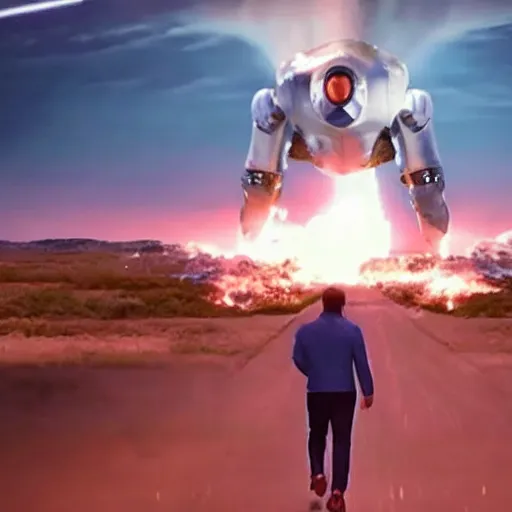 Image similar to a cinematic scene of a giant elon musk in sky blue armor walking away from a explosion of blue twitter birds