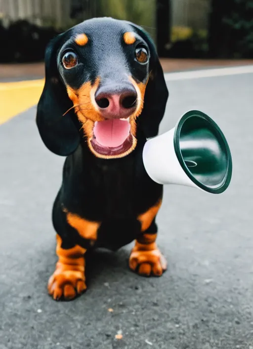 Image similar to clear photo of a black and dapple Dachshund with a megaphone for a head