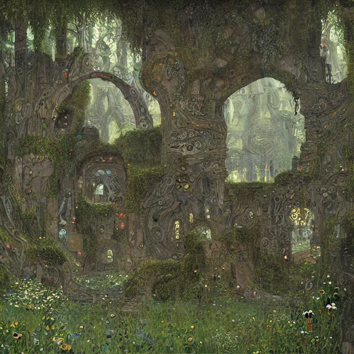 Prompt: ancient overgrown! ruins, medieval gates, runestones, mysetrious etherial mesmerizing runic!! cat eyes, magical elven geometry, concept art by gustav klimt!, deviantart contest winner, environmental art, fairy circle, high detail, intricate masterpiece