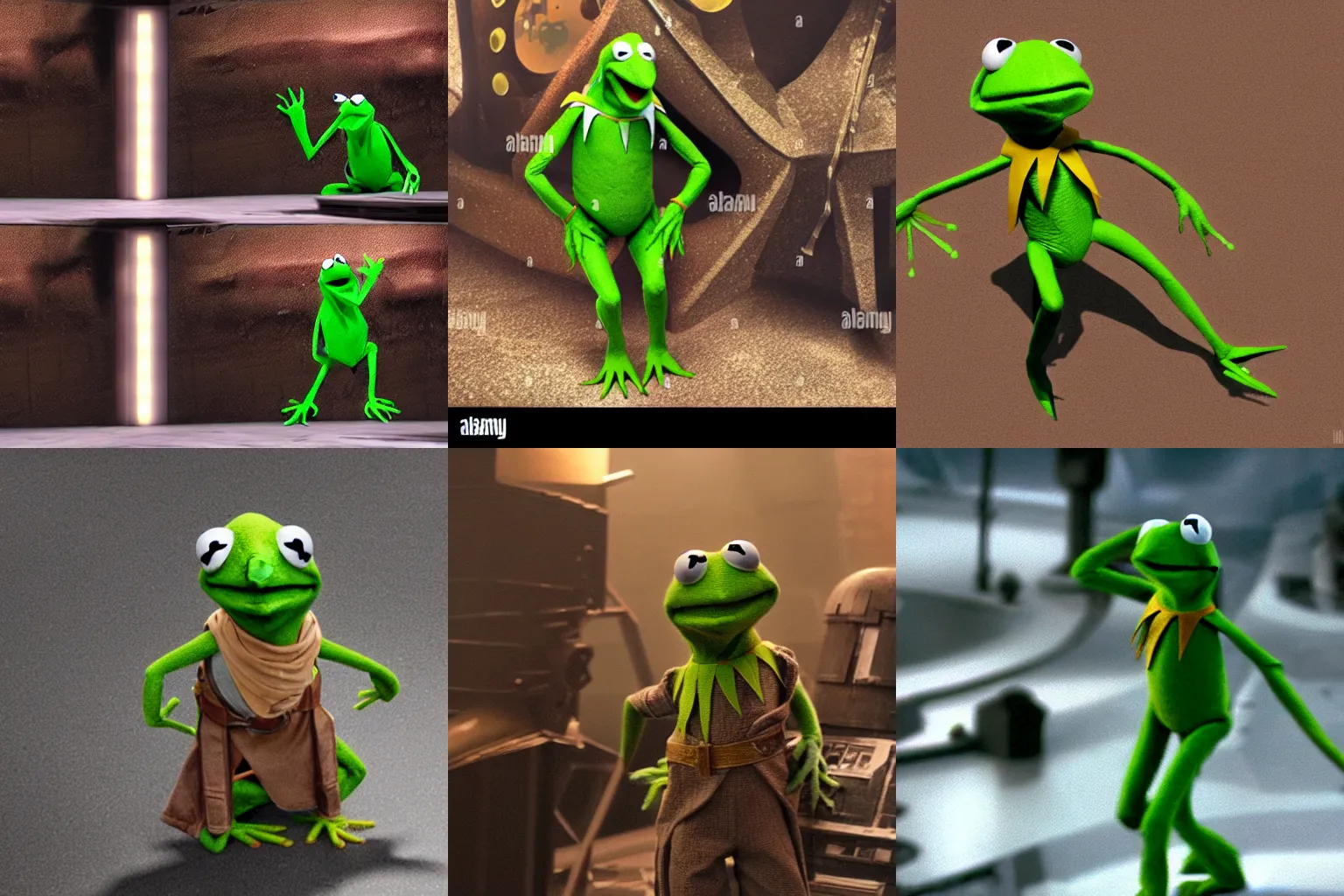 Prompt: action scene of kermit the frog in the movie Star Wars highly detailed, highly textured, atmospheric,