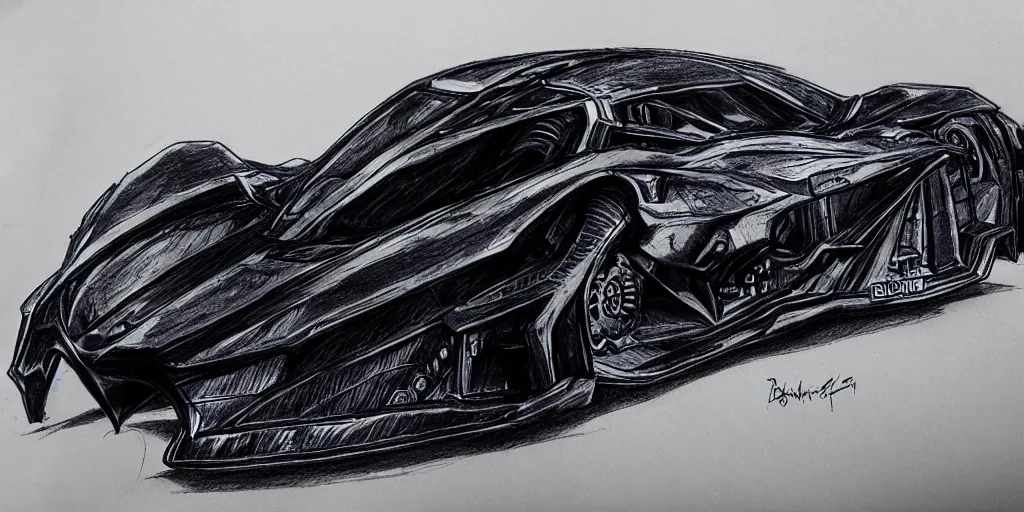 Image similar to ballpoint pen drawing of the batmobile, batman, arkham knight