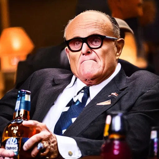 Image similar to news still of a drunk rudy giuliani holding a bottle, 4 k, professional