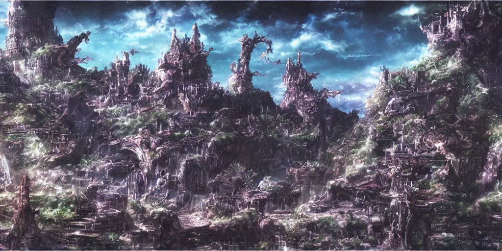 Prompt: a final fantasy landscape concept art by yoshitaka amano