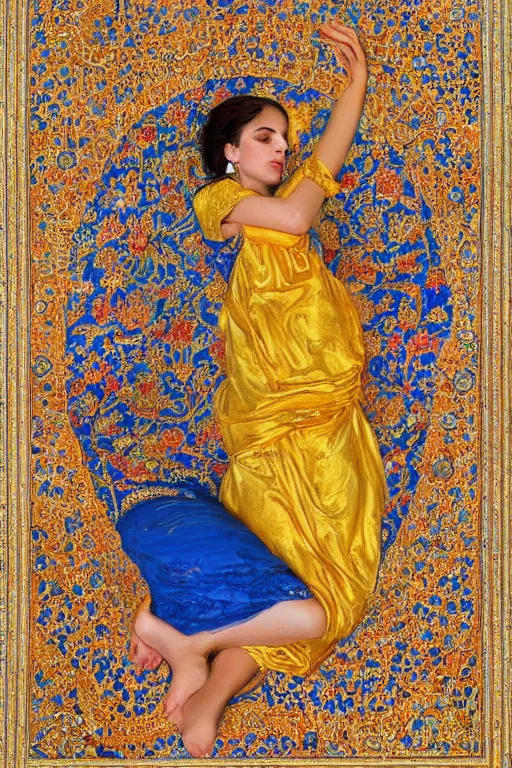 Prompt: gorgeous iranian girl wear detailed golden blue dress big tree palm pot and lay down on a detailed persian carpet, painting by john singer sargent