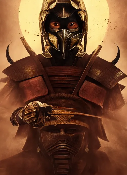 Image similar to samurai portrait, symmetrical face, wearing mempo mask scorpion mortal kombat mask, after a battle, dirt and unclean, extreme detail, cinematic, dramatic lighting render, photorealism photo by national geographic, tom bagshaw, masterpiece