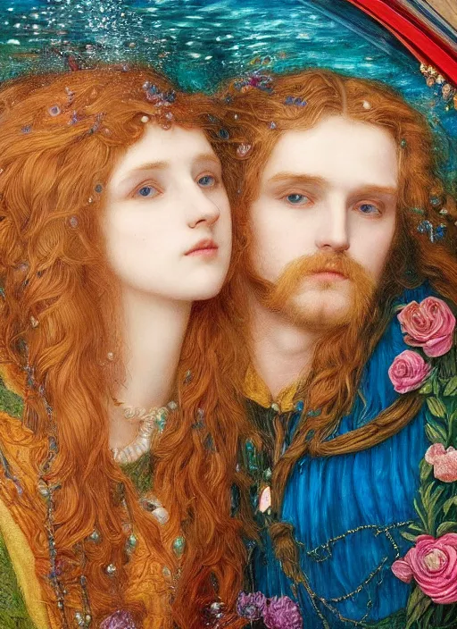 Prompt: detailed colourful masterpiece of intricate preraphaelite art novueau photography couple portrait sat down extreme closeup, love, inside an underwater train, detailed realistic expressions, wearing unusual clothes, ultra wide angle