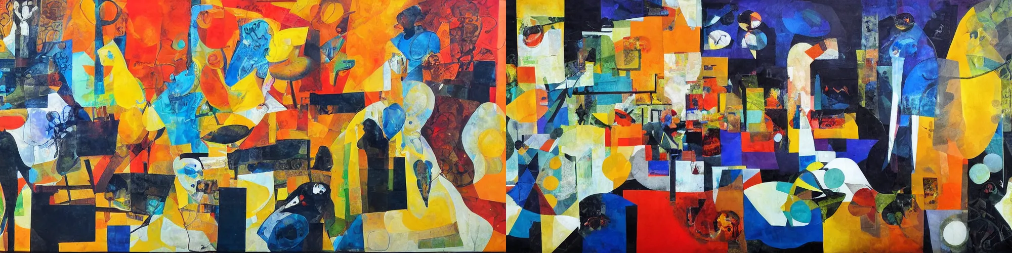 Prompt: supper club, collage, smooth acrylic on canvas, expressionism movement, breathtaking detailed, by blake neubert