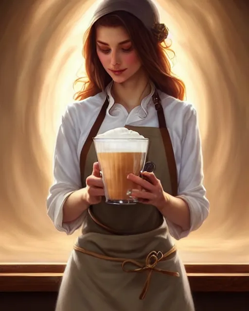 Prompt: a dreamy angelic barista in an apron holding latte art, fantasy character portrait, ultra realistic, intricate, elegant, highly detailed, digital painting, artstation, smooth, sharp, focus, illustration, art by artgerm and greg rutkowski and alphonse mucha