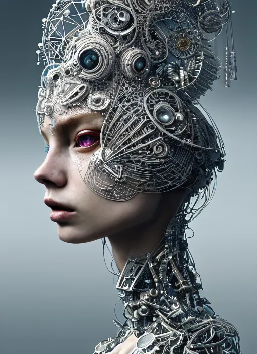 Image similar to portrait of an absurdly beautiful, graceful, sophisticated, fashionable cyberpunk mechanoid, hyperdetailed illustration by irakli nadar and vania zouravliov, matt wisniewski style, intricate linework, white porcelain skin, metal tribal headdress, day - glow face paint, unreal engine 5 highly rendered, global illumination, radiant light, detailed and intricate environment