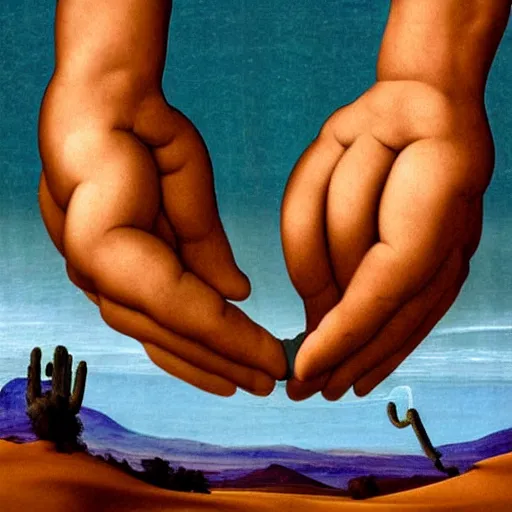 Prompt: the hand of god trying to obliterate a single man on a desert land, in the style of michelangelo buonarroti, classical paint, 8 k