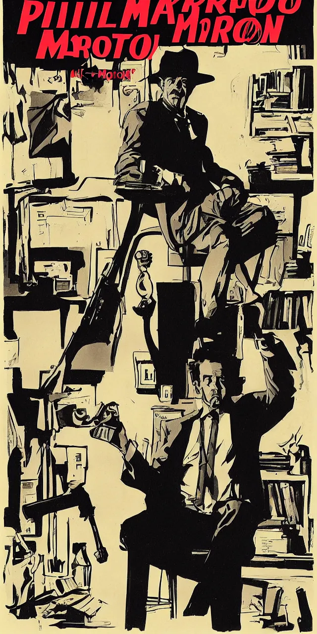 Prompt: cover poster of Philip Marlowe in his office by Mike Mignola
