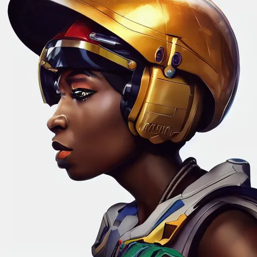 Image similar to portrait cartoon manga anime render of a strikingly gorgeous nigerian 👩🏿, wearing an intricate gundam pilot helmet, rossdraws, artgerm, norman rockwell, emiliano ponzi, epic composition, hd, octane, unreal engine, volumetric lighting, light rays, masterpiece, award - winning