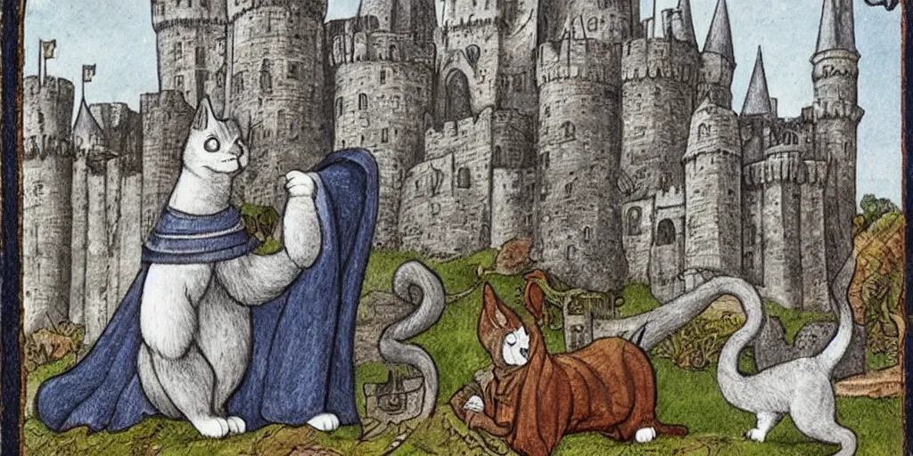 Image similar to a gray striped cat disguised as a wizard Merlin in front of the castle of Camelot. Renaissance style