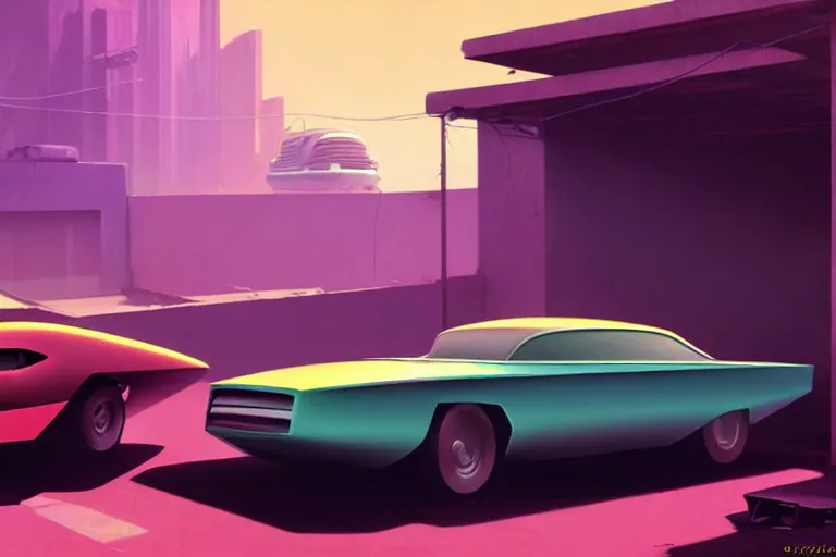 Prompt: a cinematic matte painting of a sleek 1 9 6 0 s vaporwave retro - futurism sci - fi car in a cluttered garage in mumbai. by eric lafforgue, glennray tutor and edward hopper, greg rutkowski. trending on artstation.