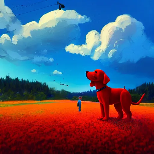 Prompt: a clifford the big red dog, surreal photography, flower field, sunset on a summer day light, impressionist painting, colorful clouds, blue sky, digital painting, artstation, simon stalenhag