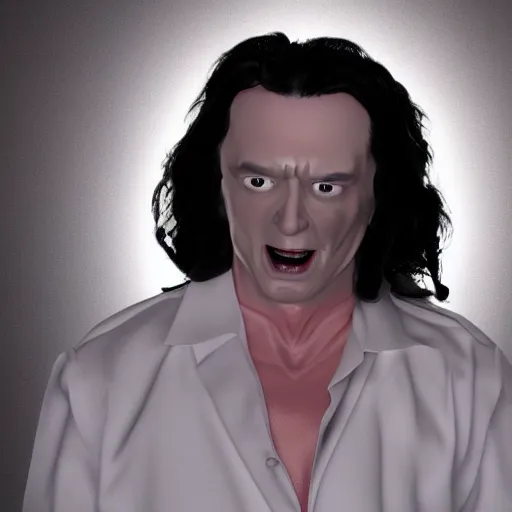 Image similar to melting tommy wiseau, dramatic lighting, horror lighting, 8k