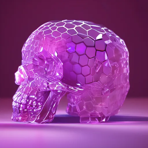 Prompt: octane render of hexagonal crystal skull, fuschia lighting, fuschia glow, dark background, photorealistic, 4 k, cinema 4 d, maya