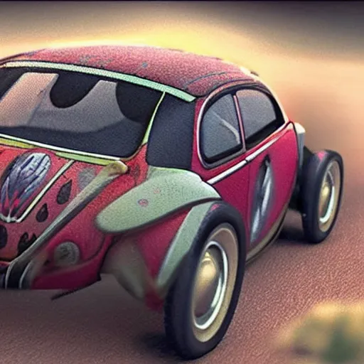 Image similar to promotional movie scene of a ( volkswagen beatle ) and ladybug hybrid. a ( volkswagen beatle ) merged into a ladybug. the hybrid is racing down a dusty back - road. cinematic, 4 k, imax, 7 0 mm