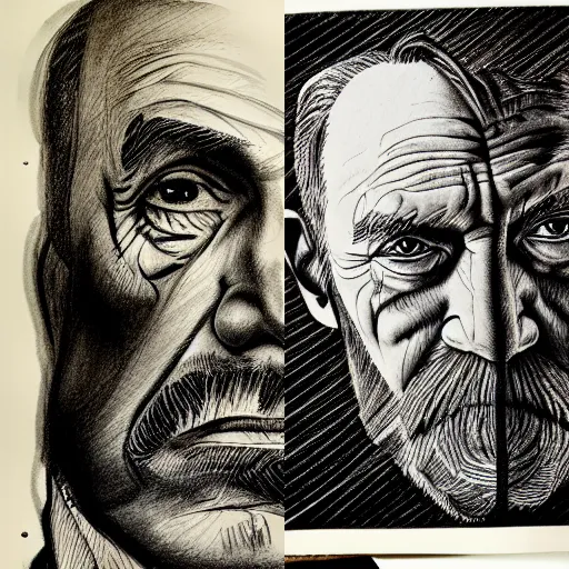 Image similar to portait of old man, studio light, realistic, ink, line drawing, sketch, fineart