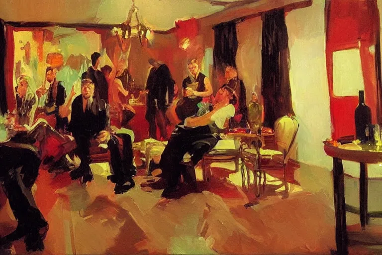 Image similar to glam rockers drinking wine, inside a tiny green room with red lights by joaquin sorolla, greg rutkowski, bill sienckiwicz, extremely detailed