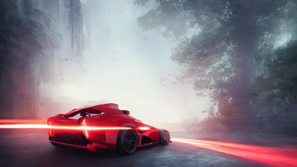 Image similar to Racing car red trail behind it, cinematic shot, epic, volumetric lighting, made by Stanley Artgerm Lau, WLOP, Rossdraws, ArtStation, CGSociety, concept art, cgsociety, octane render, trending on artstation, artstationHD, artstationHQ, unreal engine, 4k, 8k,