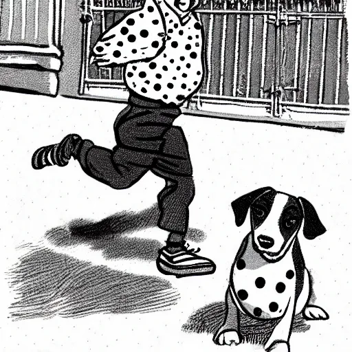 Image similar to illustration of french boy on the streets of paris playing football against a corgi, the dog is wearing a polka dot scarf, comic, 1 9 7 2