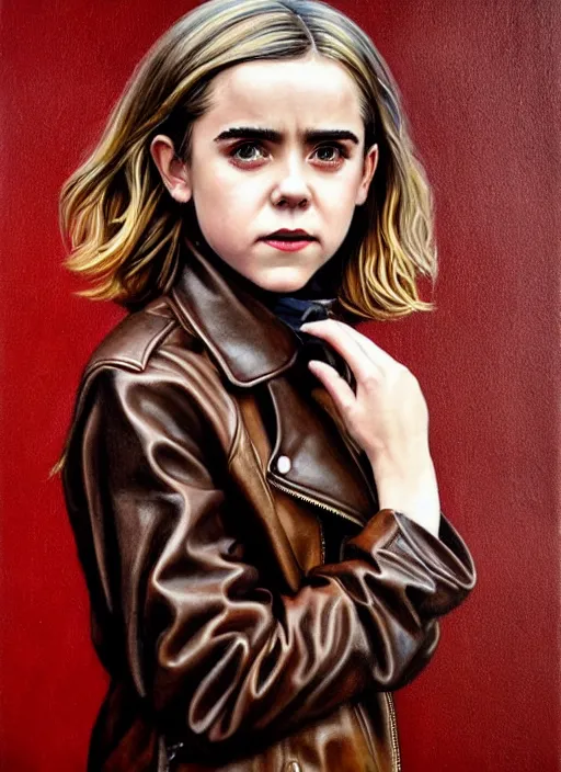 Image similar to portrait of kiernan shipka in the rain wearing a leather jacket, hyperrealistic, very detailed painting mark brooks