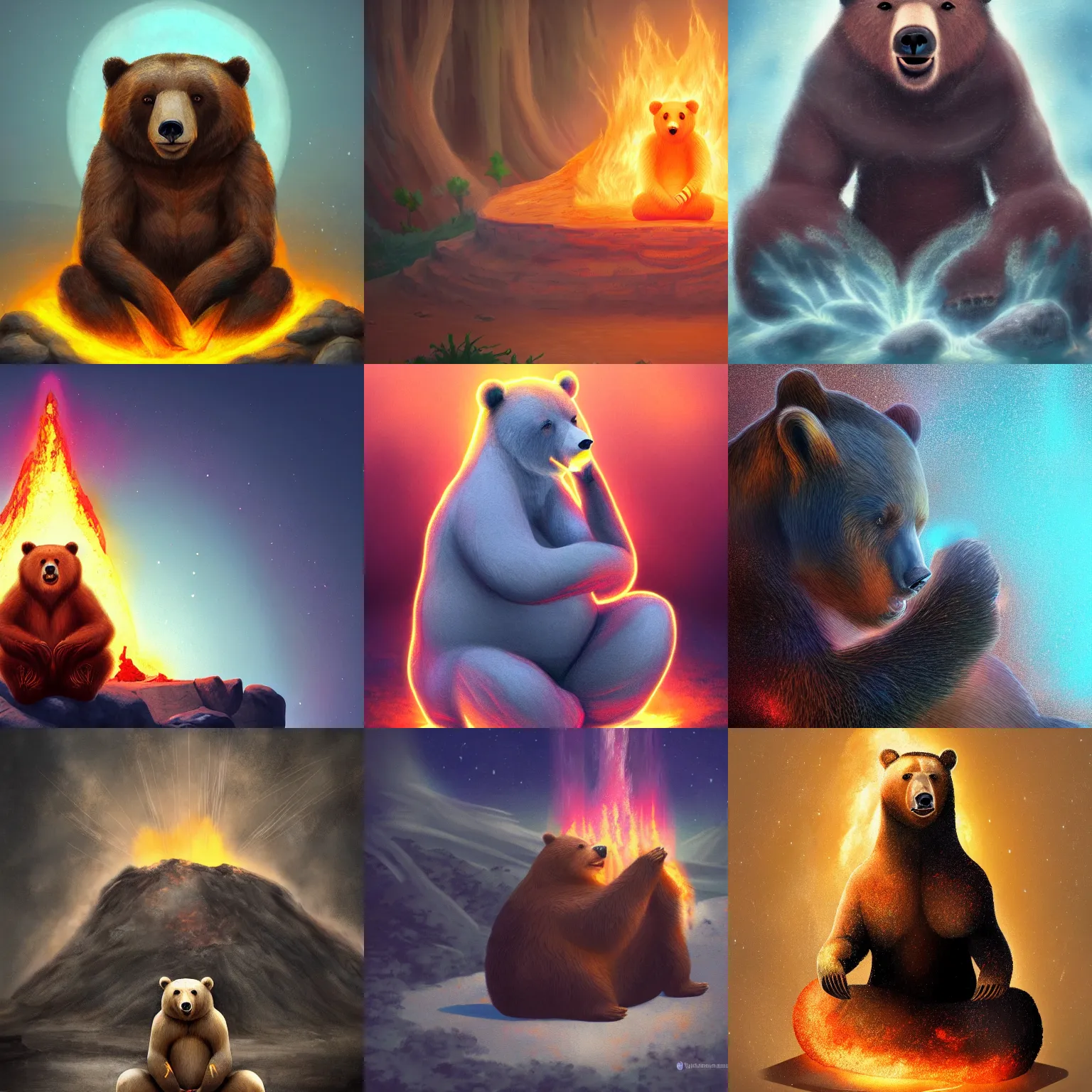 Prompt: A bear with its head lit up meditating inside an active volcano, digital painting, detailed, trending in Artstation