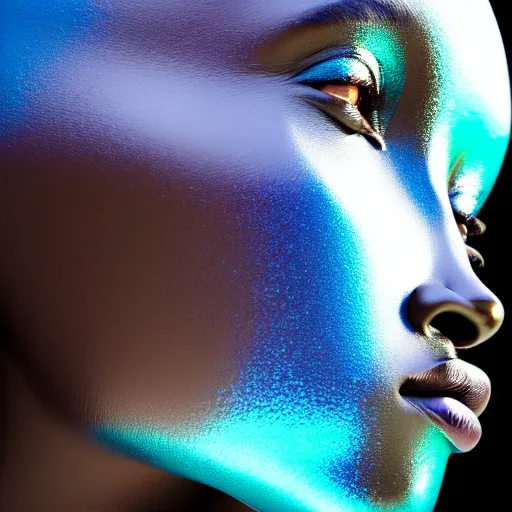 Prompt: portrait of iridescent metallic face, african woman, reflections, smooth, proud looking away, outdoor, blue sky, nature, 8 k, realistic, depth of field, highly detailed, award winning photography,