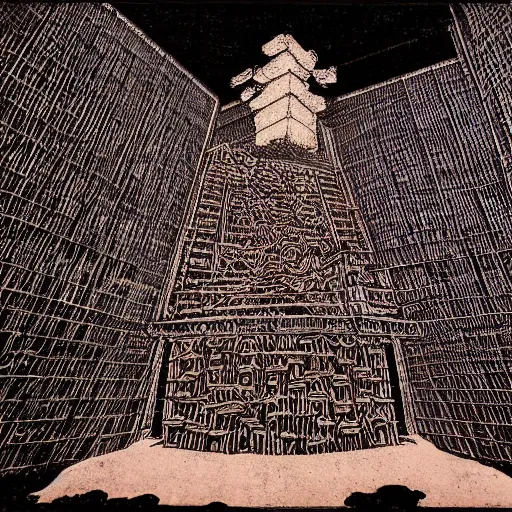 Prompt: Temple of doom by Hokusai and Chiharu Shiota