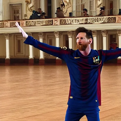 Prompt: lionel messi wearing dancing ballet on the Odessa Opera Theatre stage