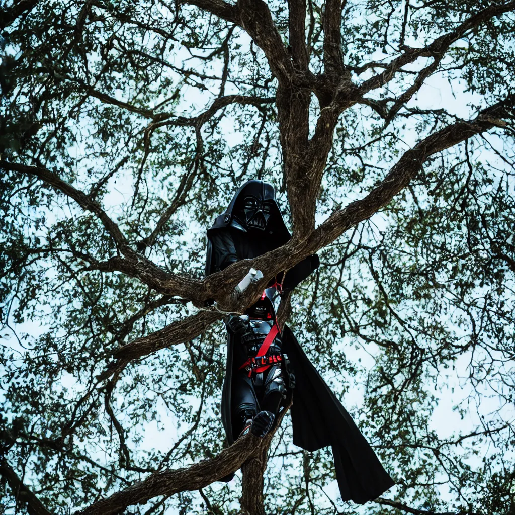 Prompt: high quality photo of darth climbing a tree, photography 4k, f1.8 anamorphic, bokeh, 4k, Canon, Nikon