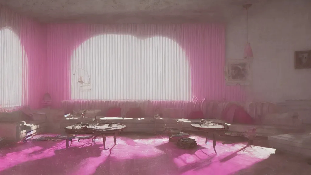 Prompt: pizza party on vintage pink velour sofa, crowd, white walls, daytime, soft light through blinds, particles, unreal 5, detailed, volumetric lighting, concept art, michelangelo, cinematic, 3 5 mm lens, 4 k