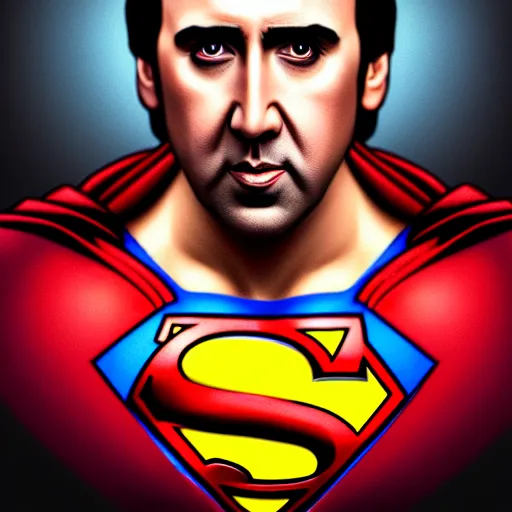 Image similar to upper body portrait of nicolas cage as superman, intricate, elegant, highly detailed, digital painting, artstation, concept art, smooth, sharp focus, illustration, art by artgerm and greg rutkowski and alphonse mucha, award winning, 8 k