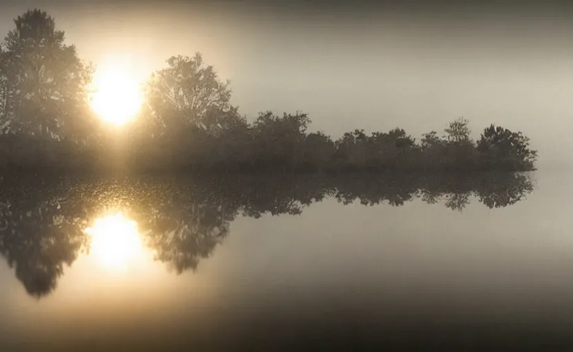 Image similar to extreme low angle camera lens partially submerged in water showing the surface of a lake, scene from a film directed by charlie kaufman ( 2 0 0 1 ), foggy volumetric light morning, extremely moody, cinematic shot on anamorphic lenses