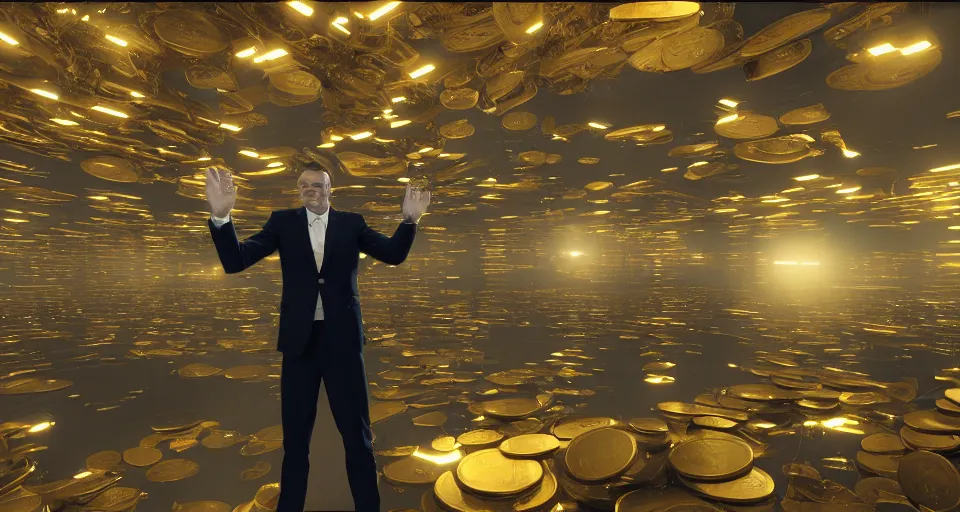 Image similar to Dramatic photo of a CEO waving to a large group of his coworkers in a futuristic office. Golden coins are levitating all around them. 8k, high detail, trending on Artstation, volumetric lighting, cyberpunk