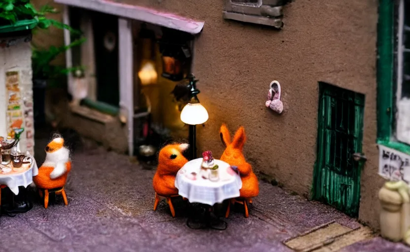 Image similar to miniature cafe diorama macro photography, cafe with felted bunnies on a date, alleyway, ambient, atmospheric, british, cozy, bokeh, romantic, colorful lanterns