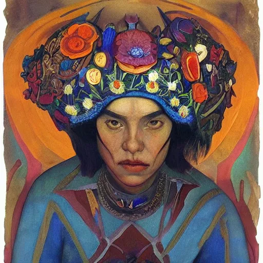 Image similar to the bone crown, by annie swynnerton and nicholas roerich and diego rivera, elaborate costume, flowers, iridescent beetles, rich color, dramatic cinematic lighting, smooth, sharp focus, extremely detailed