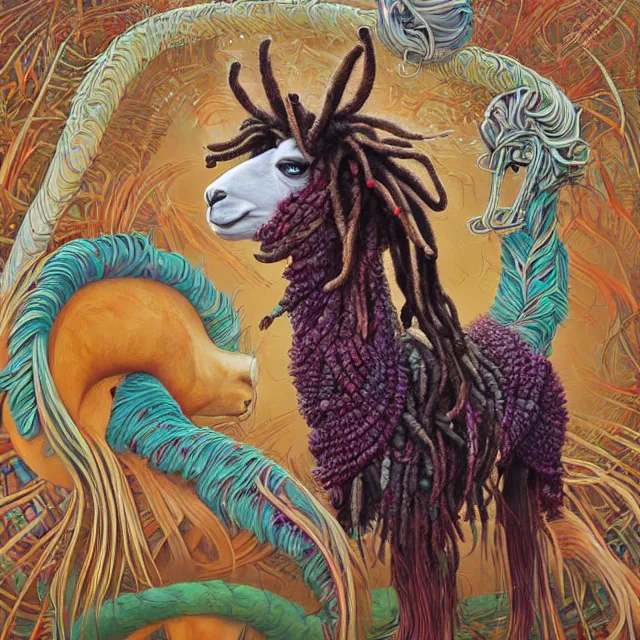 Image similar to llama with dreadlocks, art deco design, by Mandy Jurgens, Ernst Haeckel, James Jean