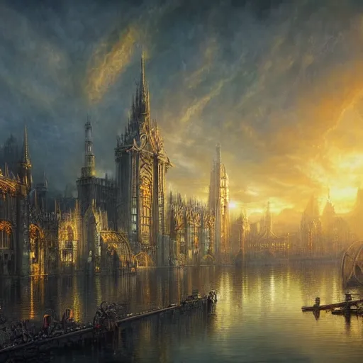 Image similar to beautiful fantasy city by Alan Lee, golden hour, concept art, matte painting, highly detailed, art station, oil painting, 8k