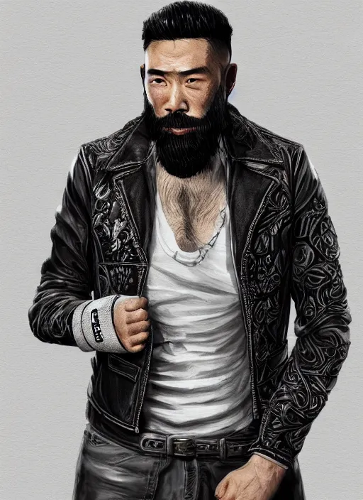 Image similar to a highly detailed illustration of bearded asian man wearing leather jacket with bandaged right hand, focused boxing philly shell stance pose, hands shielding face, intricate, elegant, highly detailed, centered, digital painting, artstation, concept art, smooth, sharp focus, league of legends concept art, WLOP