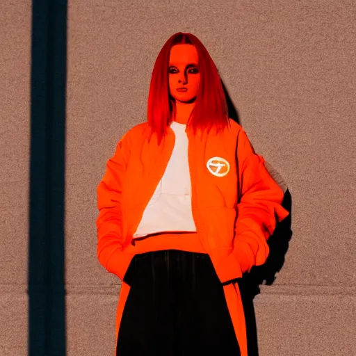 Image similar to un ultra high definition modern streetwear art photographic portrait of a fictional female fine artist named oxoxoxox oxoxox standing outside her london home wearing all orange. three point light. golden hour, golden ratio, ray tracing, volumetric light and shadow, shallow depth of field.