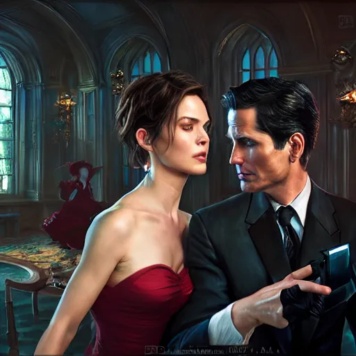 Image similar to daniel gerhartz and artgerm and wlop detailed portrait digital painting of a bruce wayne and selina kyle at a party in a mansion, mansion interior in the background, unreal engine, hyper realism, realistic shading, cinematic composition, blender render, octane render, hdr, detailed textures, photorealistic, 3 5 mm film