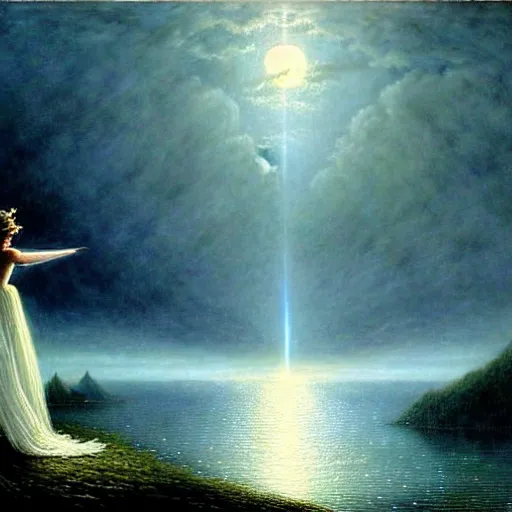 Image similar to an elegant fairy queen in a blue lace dress dancing looking out at a lord of the rings scenery landscape, staring across the sea at a white timber sail boat, evening, god's rays highly detailed, vivid colour, soft clouds, full moon, cinematic lighting, perfect composition, gustave dore, derek zabrocki, greg rutkowski, belsinski