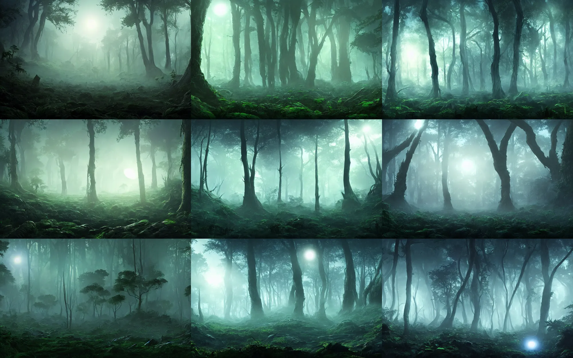Prompt: alien planet landscape wild dense foggy alien forest trees with big leaves very dense undergrowth very dangerous uneasy atmosphere ominous lighting visible glowing eyes intricate detail artstation 8 k