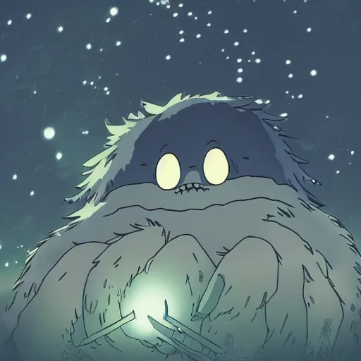 Image similar to friendly creature made by Hayao Miyazaki, studio ghibli artstyle, night, stars, beautiful scene, smooth, detailed, high detail,high quality, 8k anime